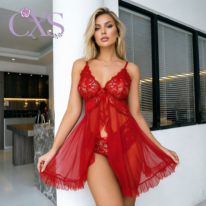Lace Ruffle‑Trimmed Sheer Mesh Lingerie