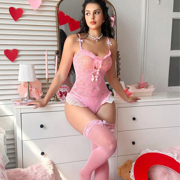 Bow Decor Floral Lace Bodysuit