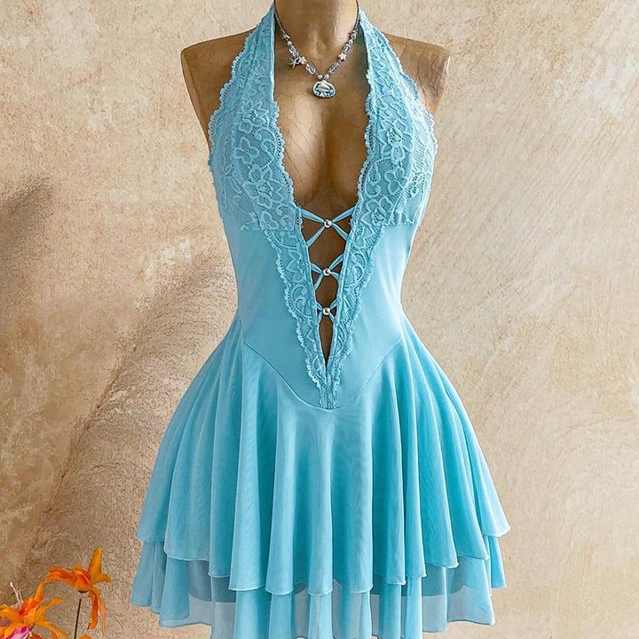 Halter Lace Front‑Lace‑Up Dress