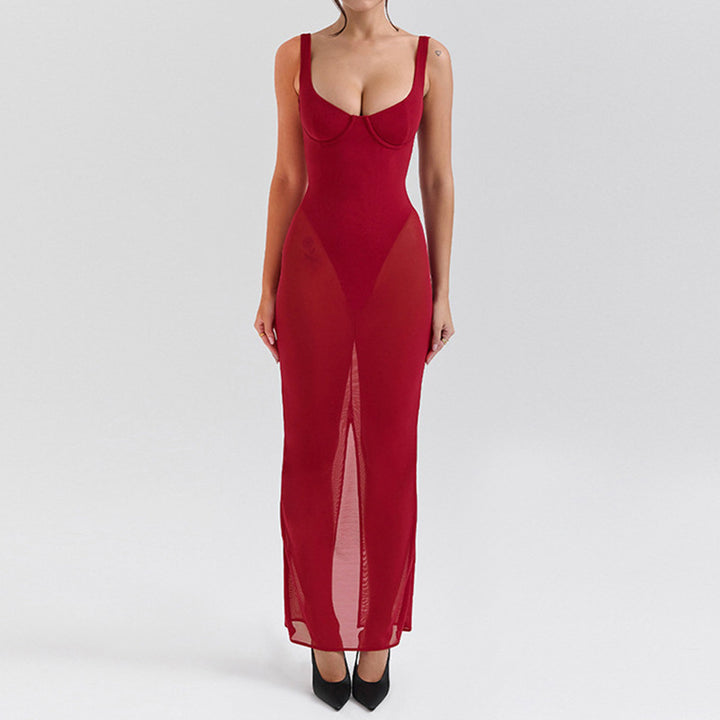 Backless Sheer Mesh Maxi Dress
