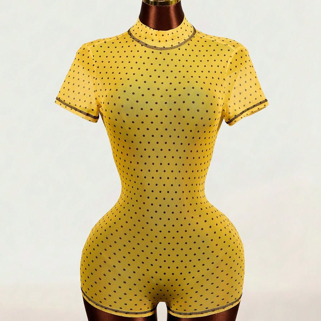 Polka‑dot Mesh High‑neck  Bodysuit