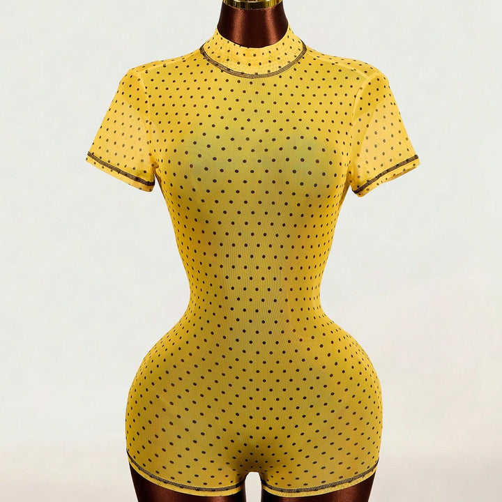 Polka‑dot Mesh High‑neck  Bodysuit