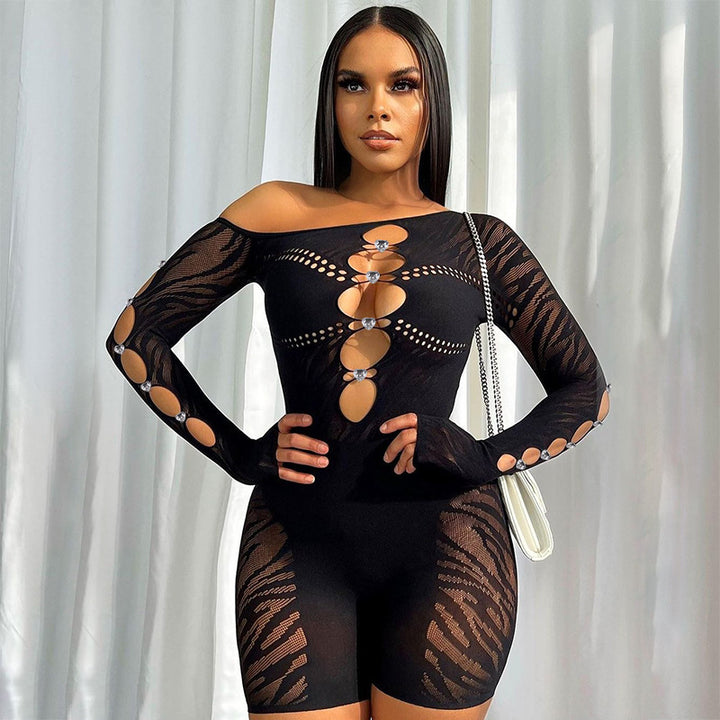 Off‑Shoulder Cut‑Out Zebra‑Mesh Jumpsuit