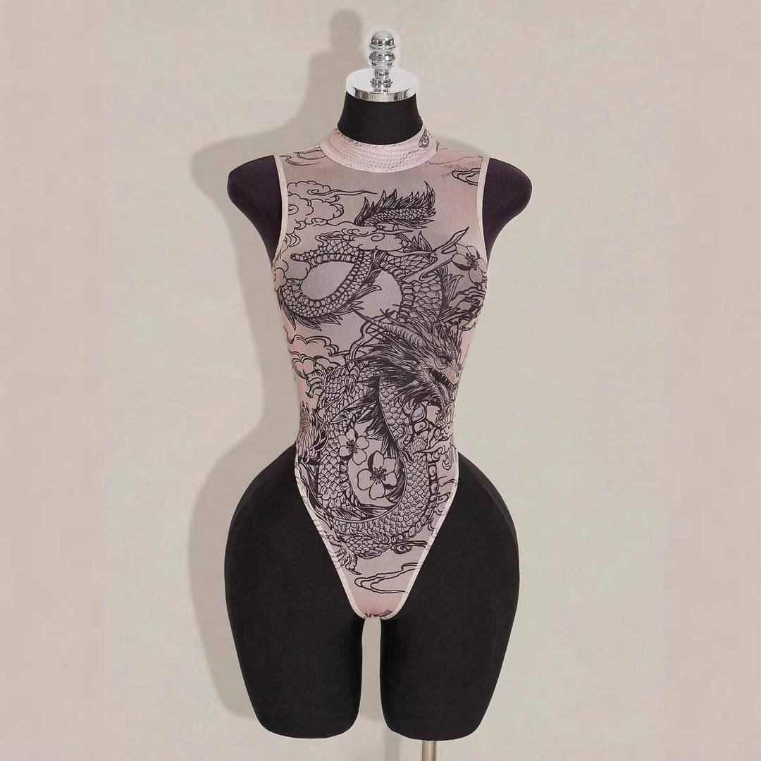 Sheer Mesh Dragon Print Bodysuit