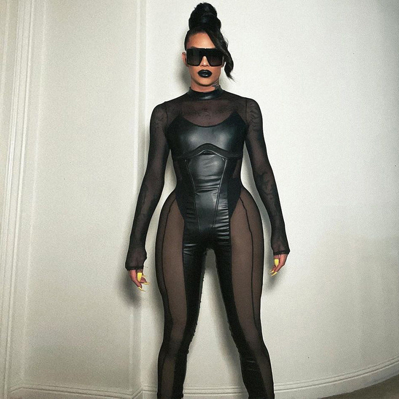 Long Sleeve Faux Leather Mesh Jumpsuit