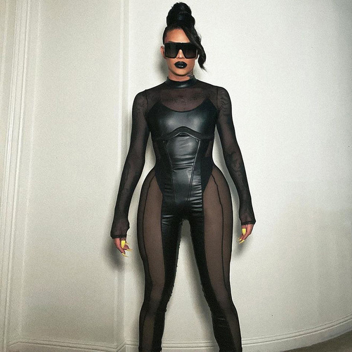 Long Sleeve Faux Leather Mesh Jumpsuit