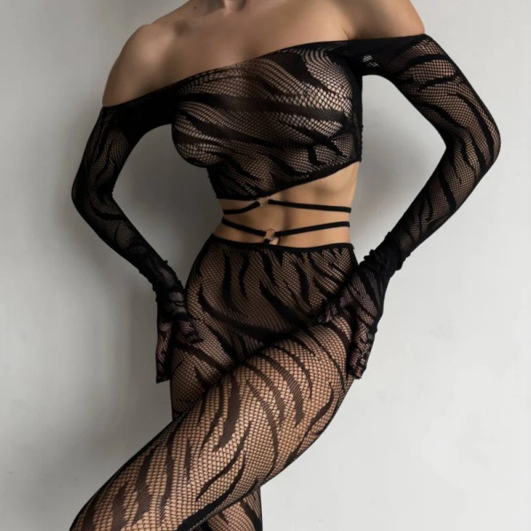 Zebra Print Off Shoulder Mesh  Lingerie