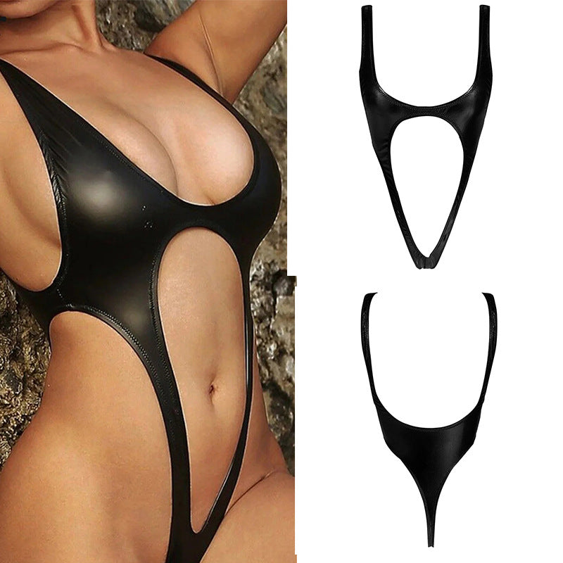 Faux Leather Cutout Halter Lingerie