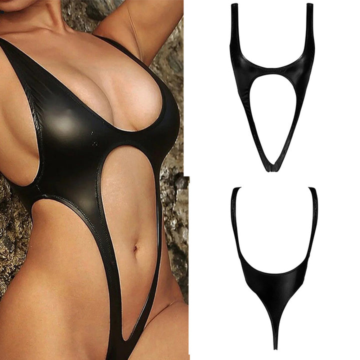 Faux Leather Cutout Halter Lingerie