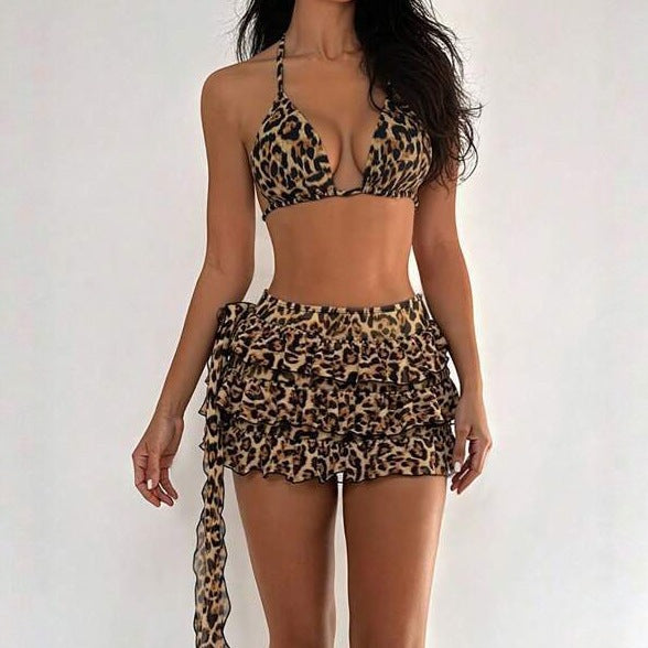 Leopard‑Print Halter Ruffled Swimsuit