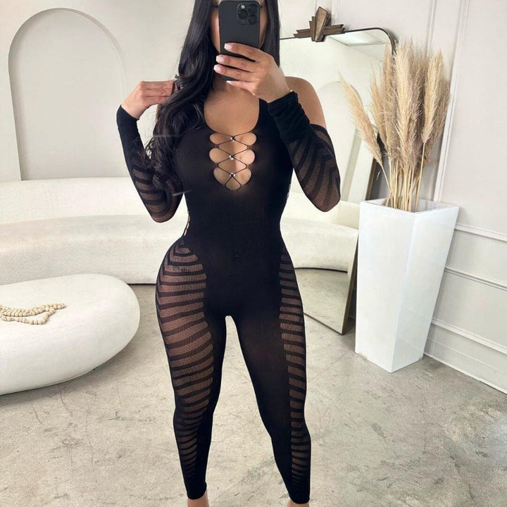 Cutout Striped Mesh  Bodysuit