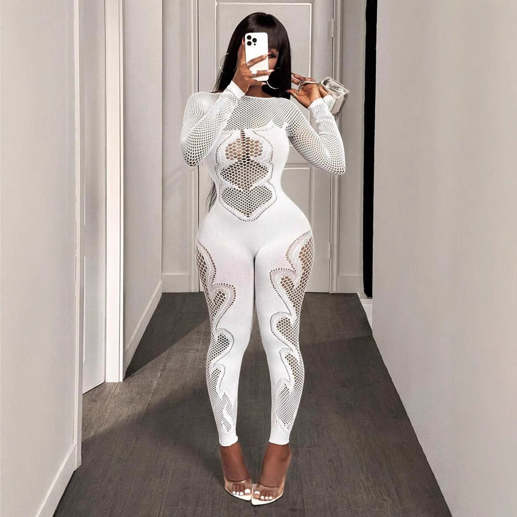 Long Sleeve Patterned Fishnet Mesh Jumpsuit