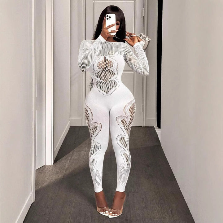 Long Sleeve Patterned Fishnet Mesh Jumpsuit
