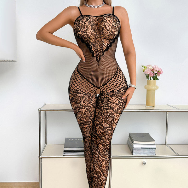 V‑Neck Lace Fishnet Jumpsuit