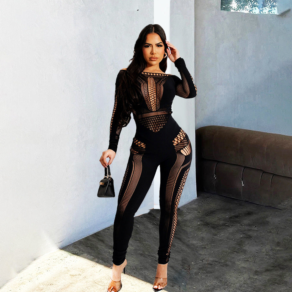 Off Shoulder Long-Sleeve Mixed Jumpsuit