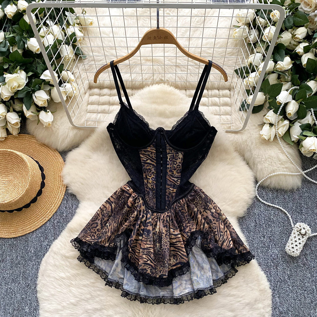 Leopard Print Lace Fishbone Dress