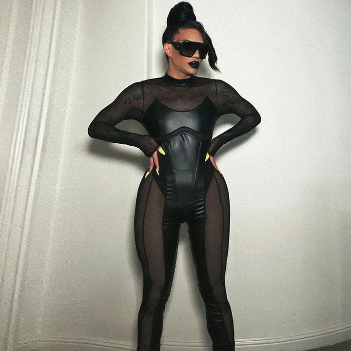 Long Sleeve Faux Leather Mesh Jumpsuit