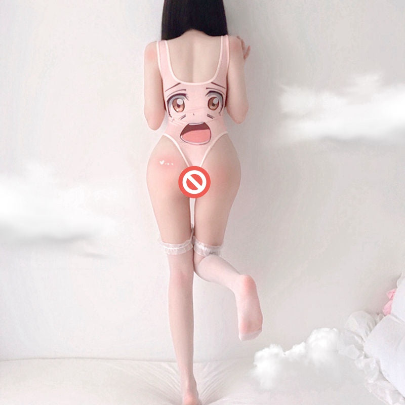 Anime Face Print U-Neck Bodysuit