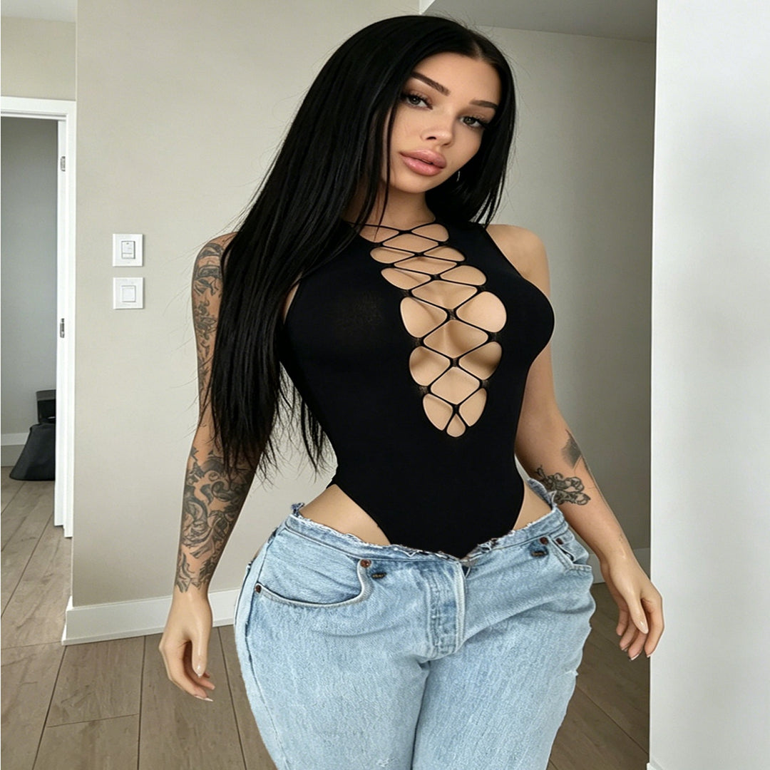 Lace-Up Cutout High Cut Bodysuit