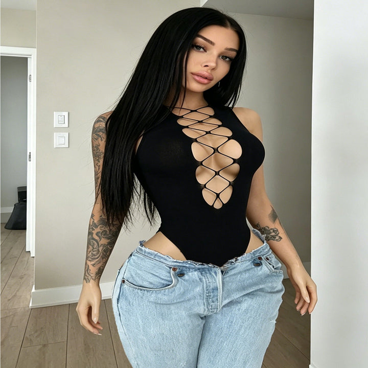 Lace-Up Cutout High Cut Bodysuit