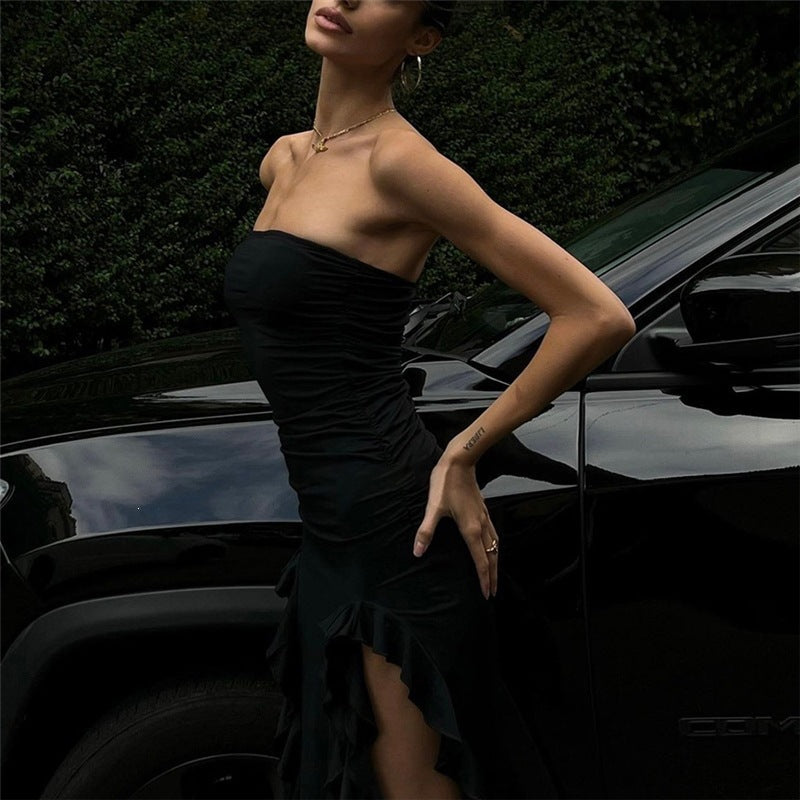 Strapless Ruched Irregular High Slit Dress