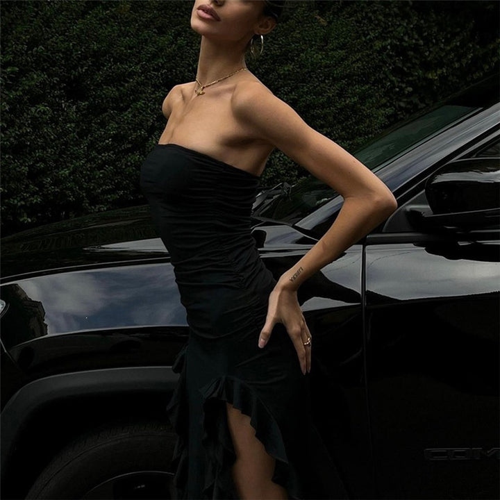 Strapless Ruched Irregular High Slit Dress