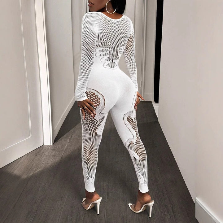 Long Sleeve Patterned Fishnet Mesh Jumpsuit