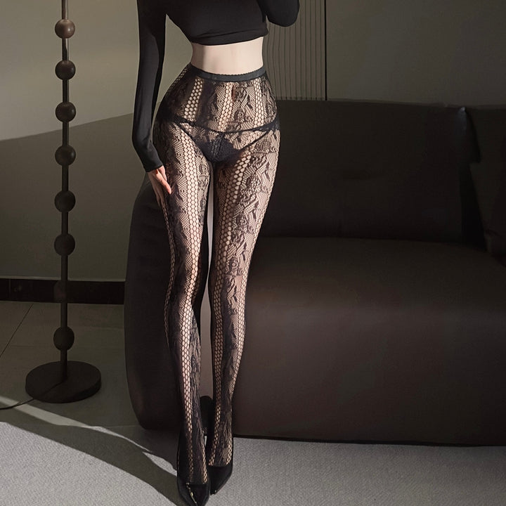 Floral‑Pattern Lace Fishnet Pantyhose
