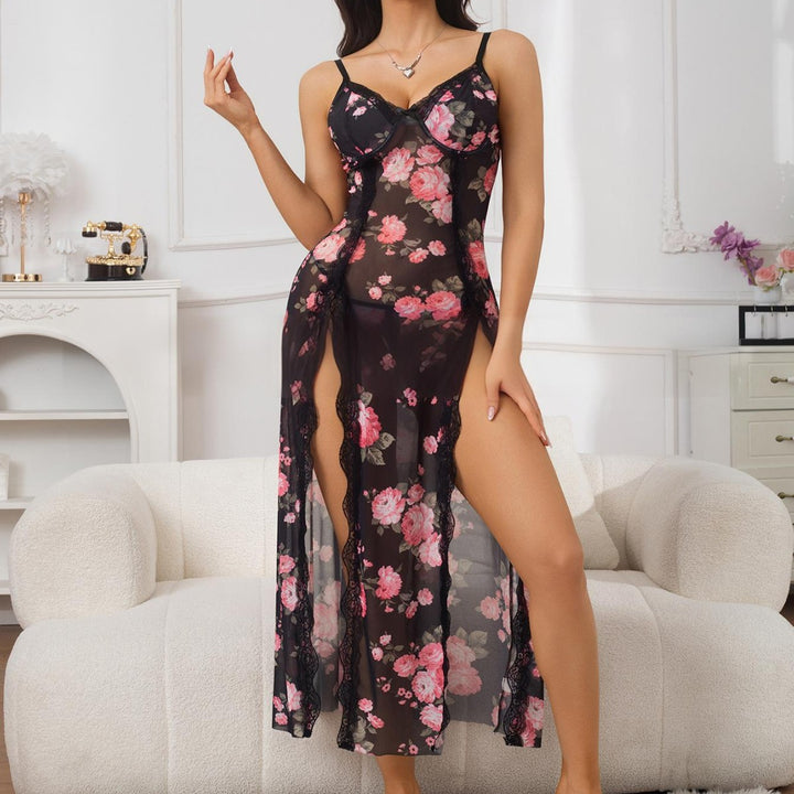 Floral‑Print Lace‑Trim Nightgown