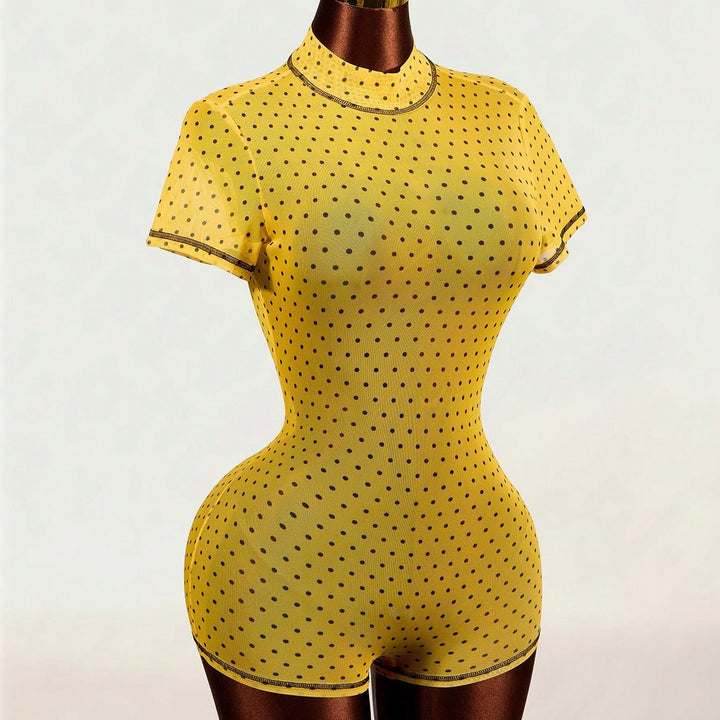 Polka‑dot Mesh High‑neck  Bodysuit