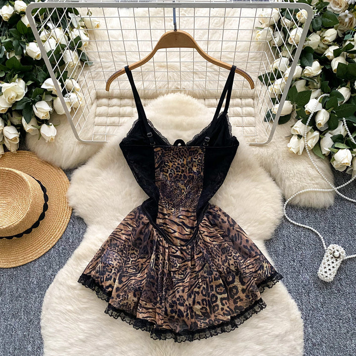 Leopard Print Lace Fishbone Dress