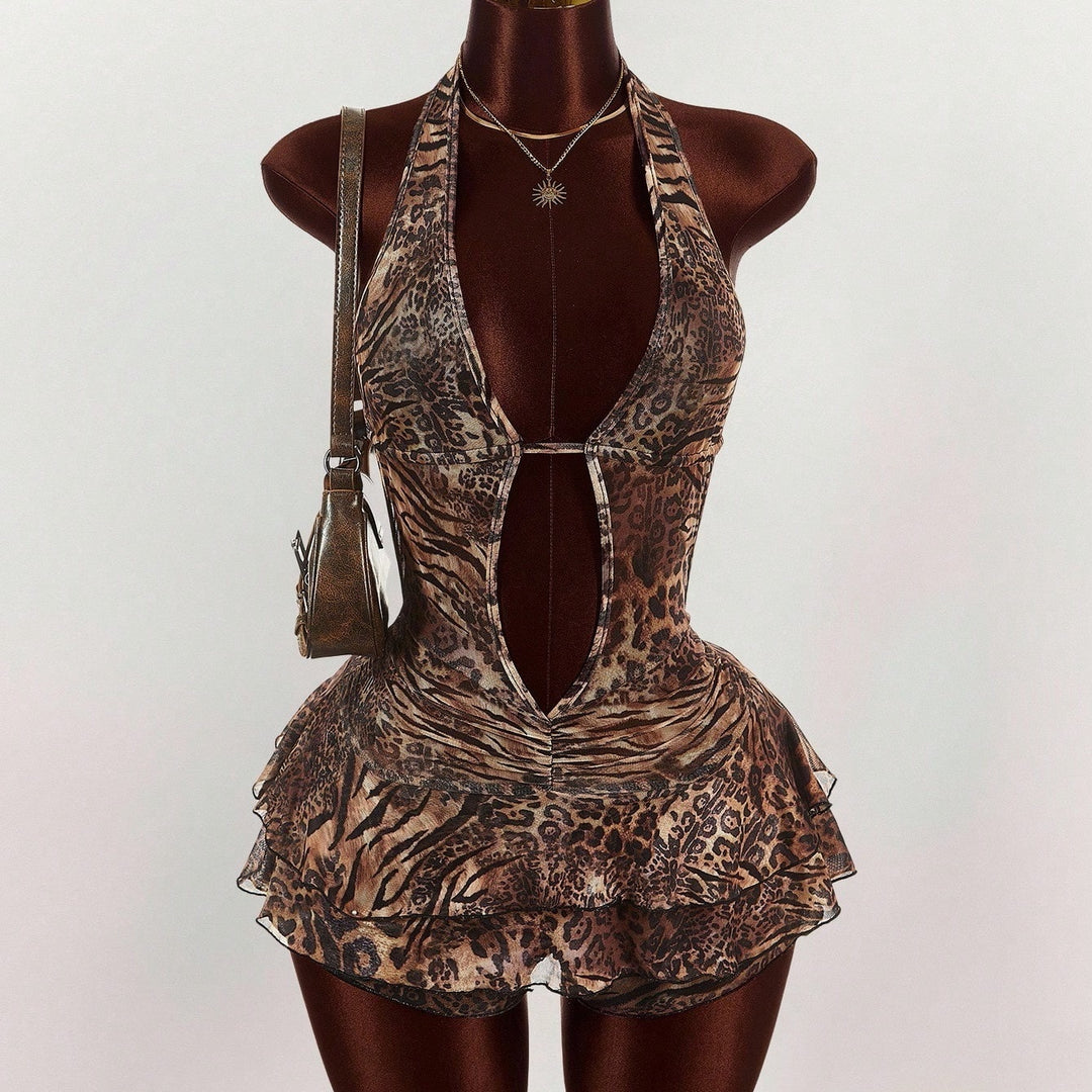 Leopard‑Zebra Print Halter Bodysuit