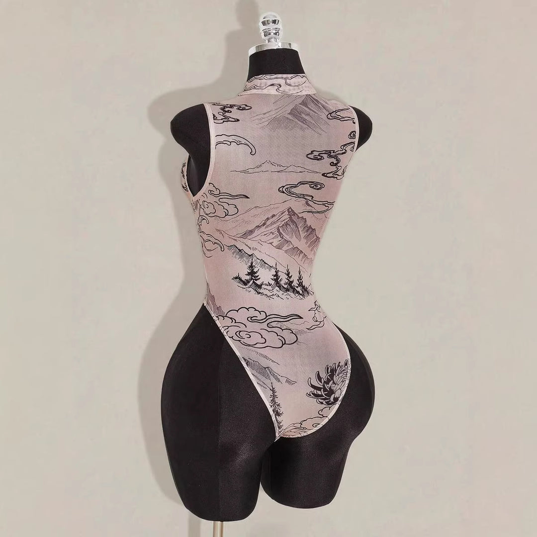 Sheer Mesh Dragon Print Bodysuit