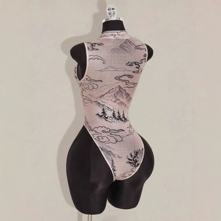 Sheer Mesh Dragon Print Bodysuit
