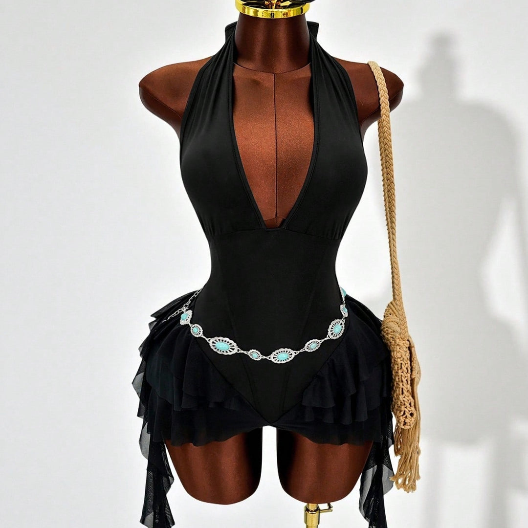 Deep‑V Ruffled Mesh Dress