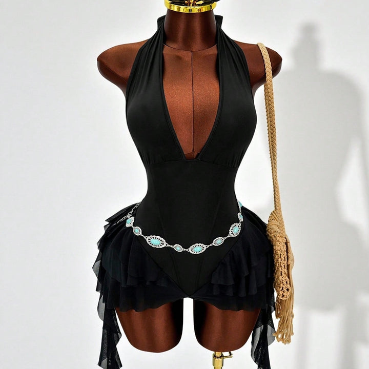 Deep‑V Ruffled Mesh Dress