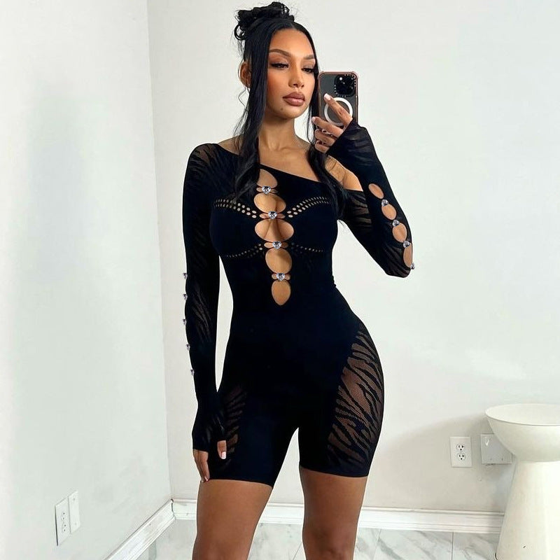 Off‑Shoulder Cut‑Out Zebra‑Mesh Jumpsuit