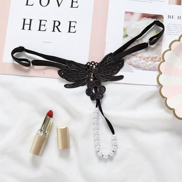 Butterfly‑Embroidered Pearl Thong