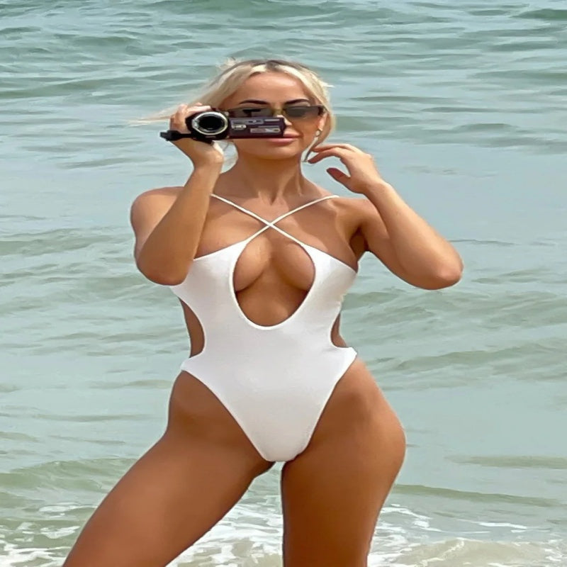 Solid Color Cutout One Piece Swimsuit