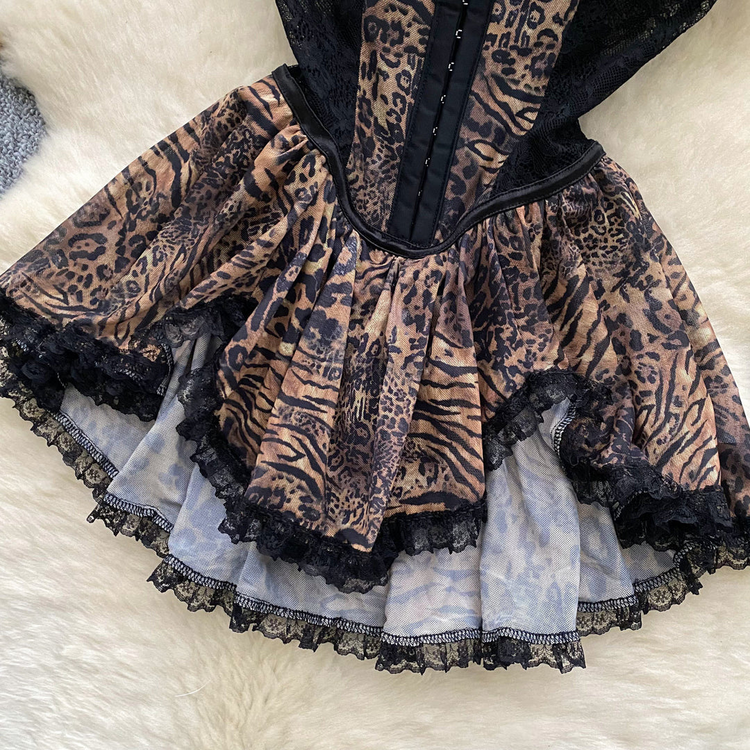 Leopard Print Lace Fishbone Dress