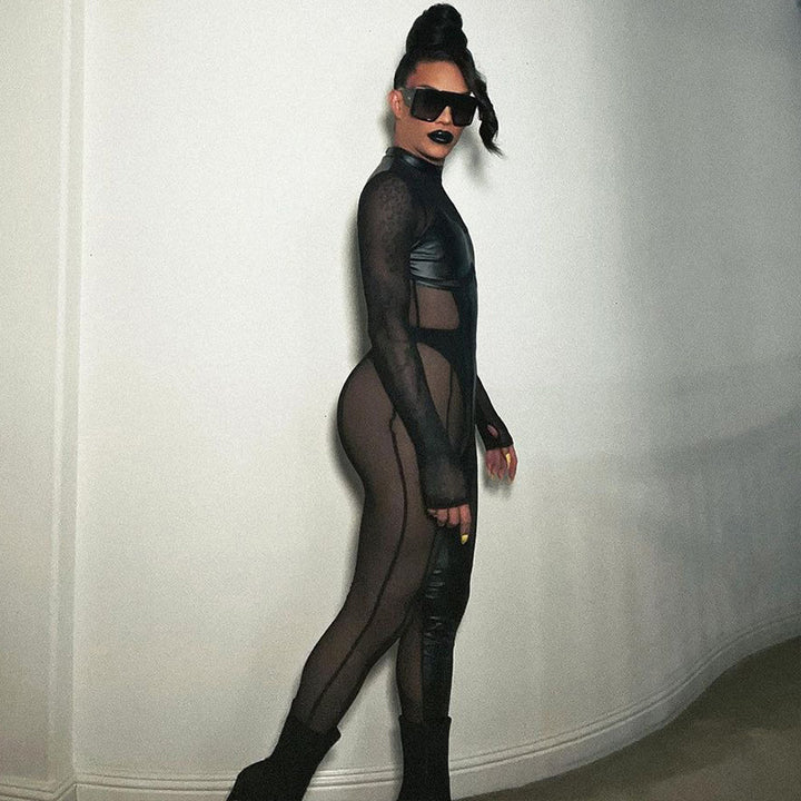 Long Sleeve Faux Leather Mesh Jumpsuit