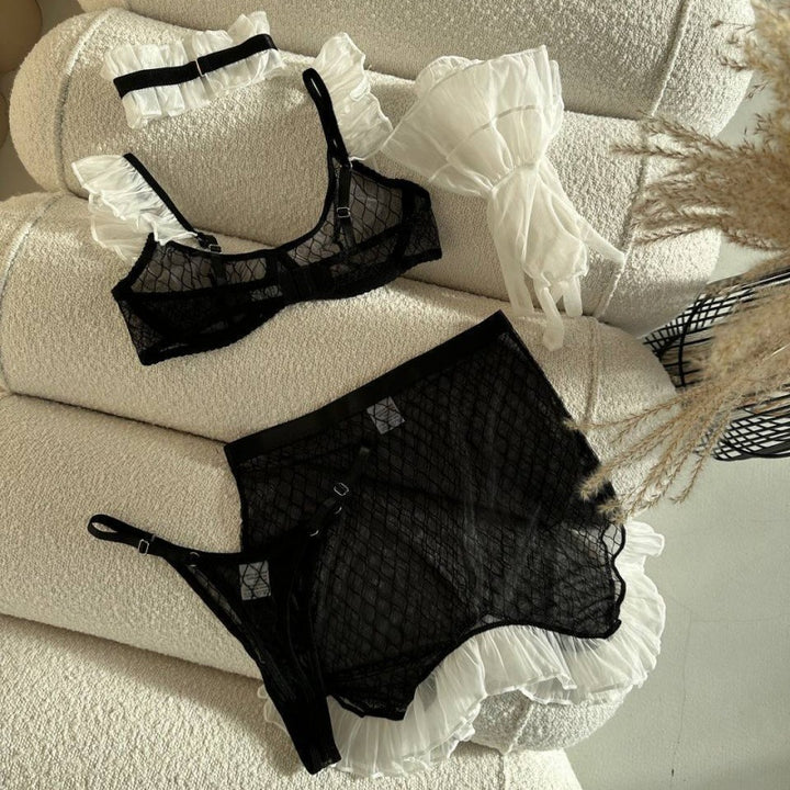 Ruffle Trim Mesh Maid Lingerie