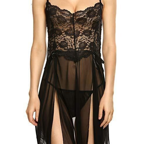 Lace‑Paneled Split Mesh Nightgown