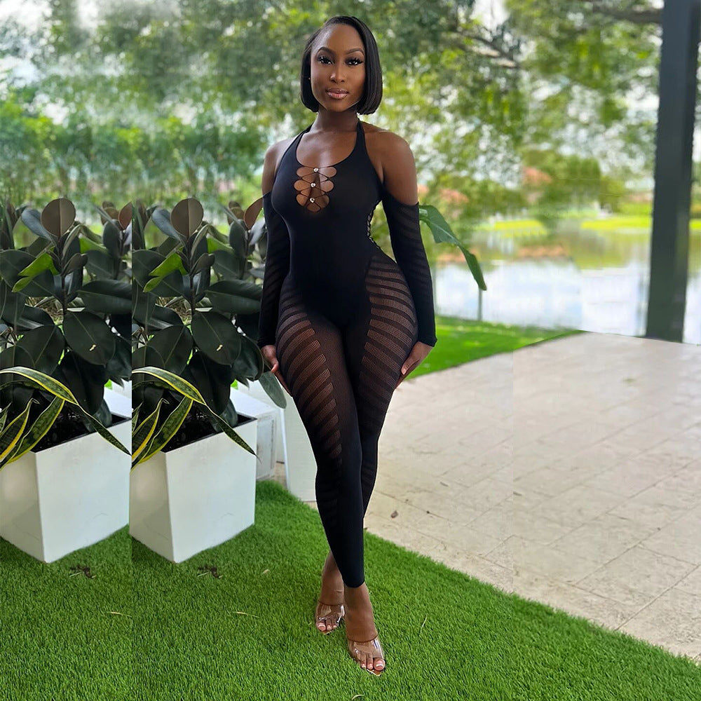 Cutout Striped Mesh  Bodysuit