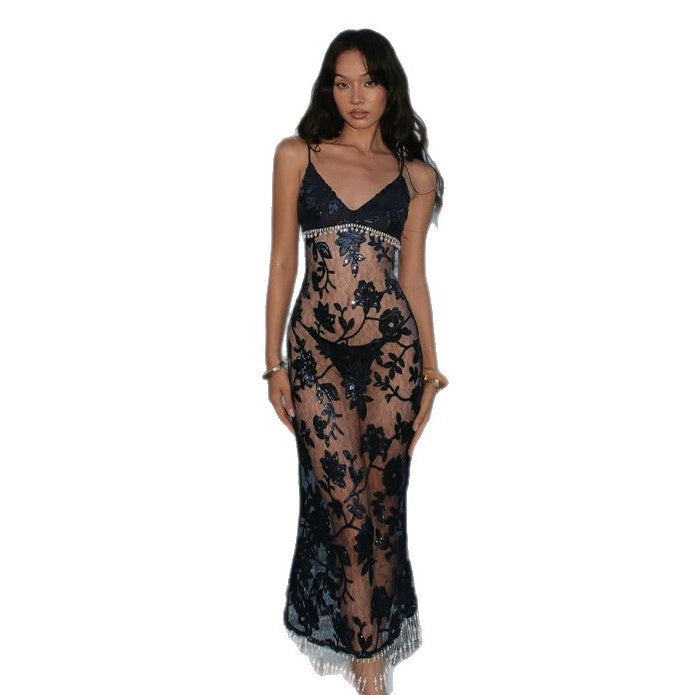Floral Sequin Lace Fringe Dress