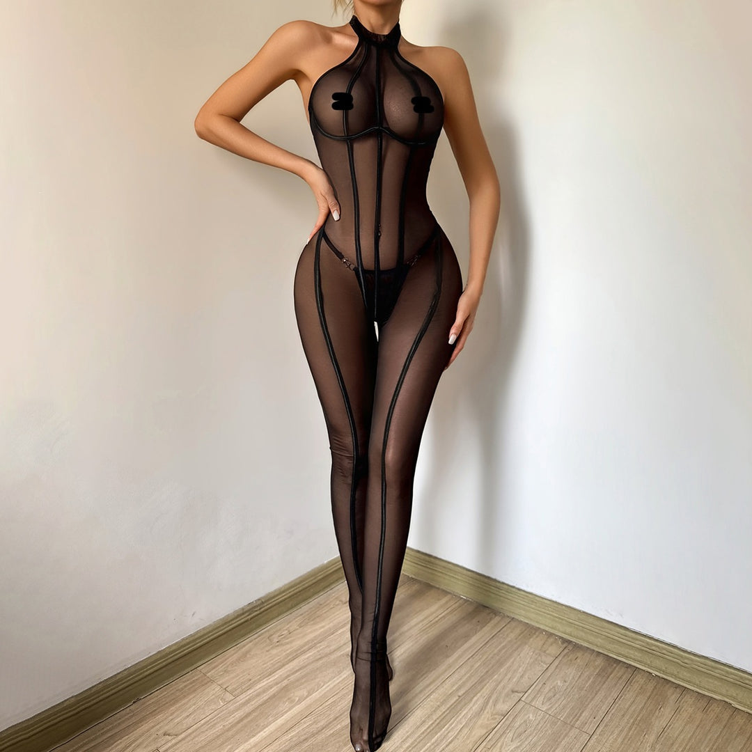 Mesh Halter Neck Full Length Bodysuit