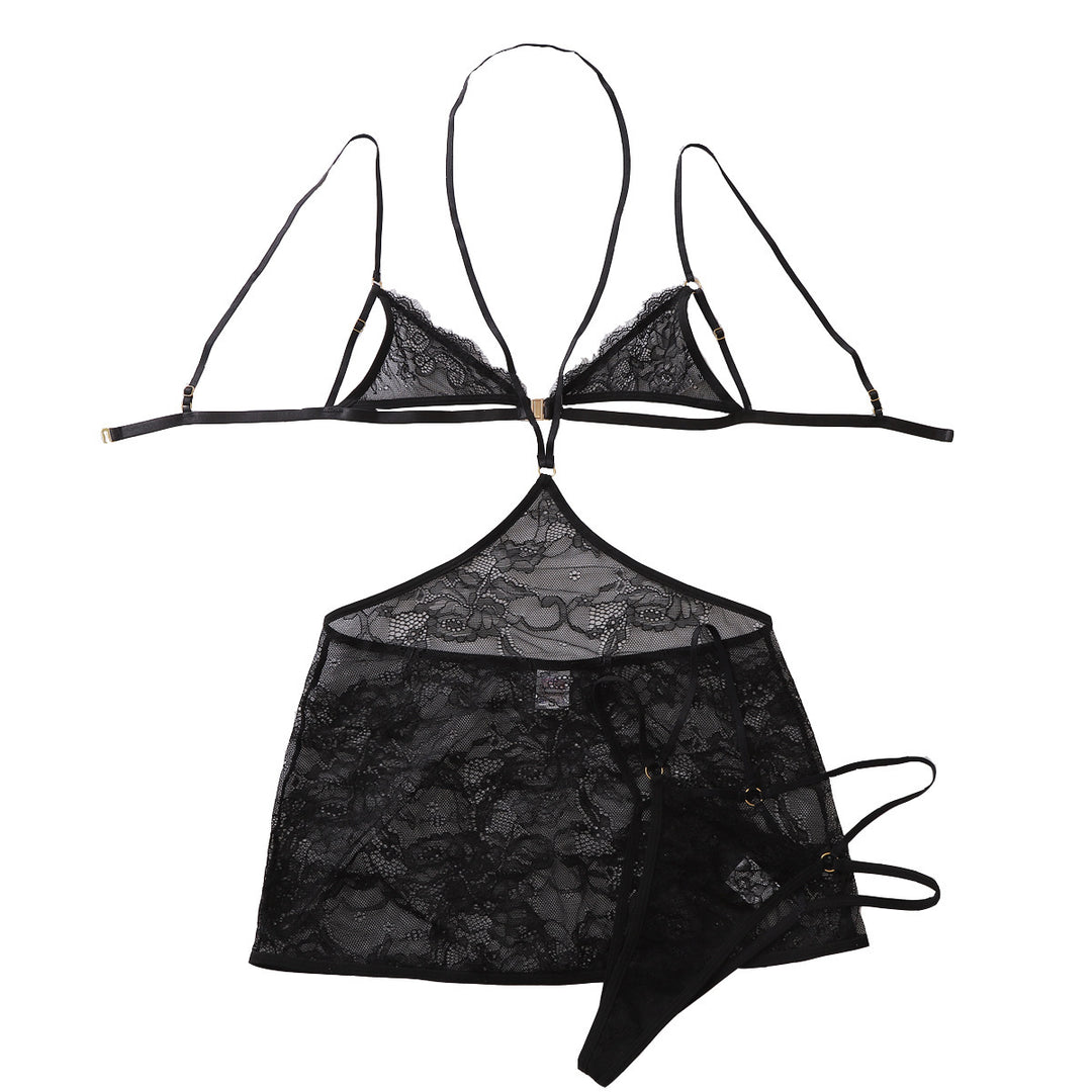 Halter Floral Lace 3‑Piece Lingerie Set