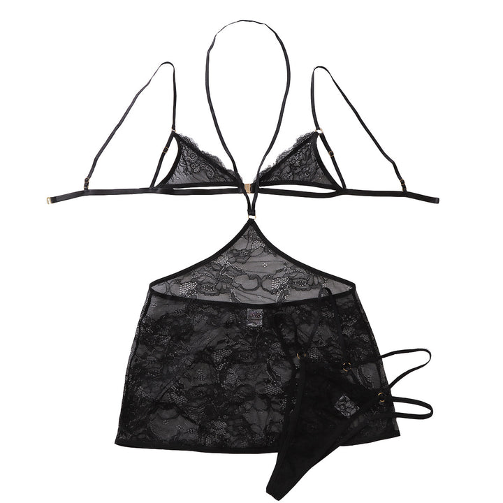 Halter Floral Lace 3‑Piece Lingerie Set