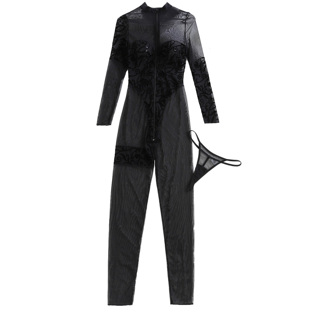 Velvet‑Pattern Mesh Jumpsuit