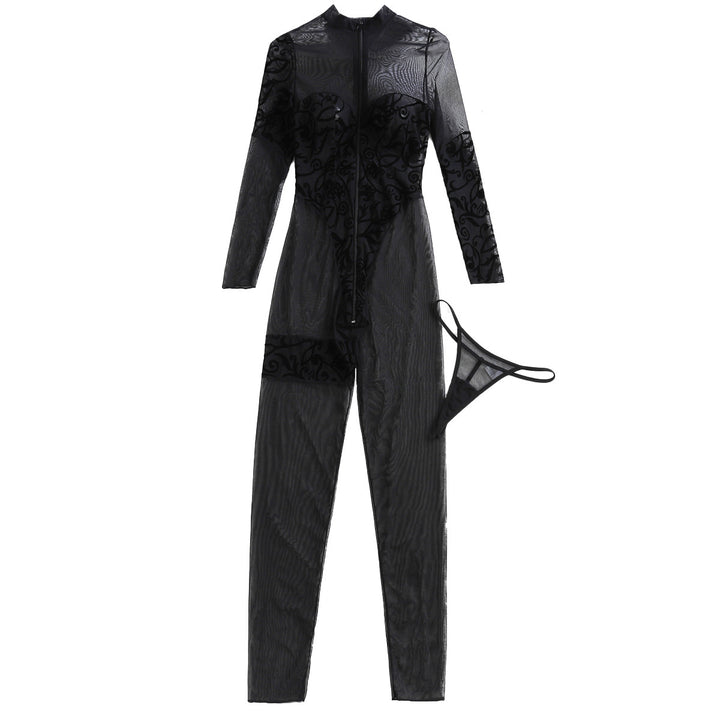 Velvet‑Pattern Mesh Jumpsuit